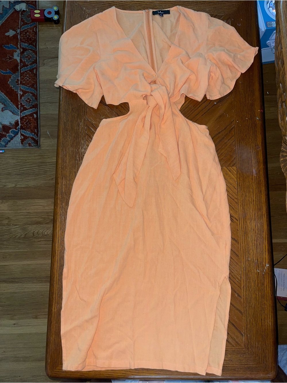 Lulu's Peach Tie-Front Cutout Midi Dress